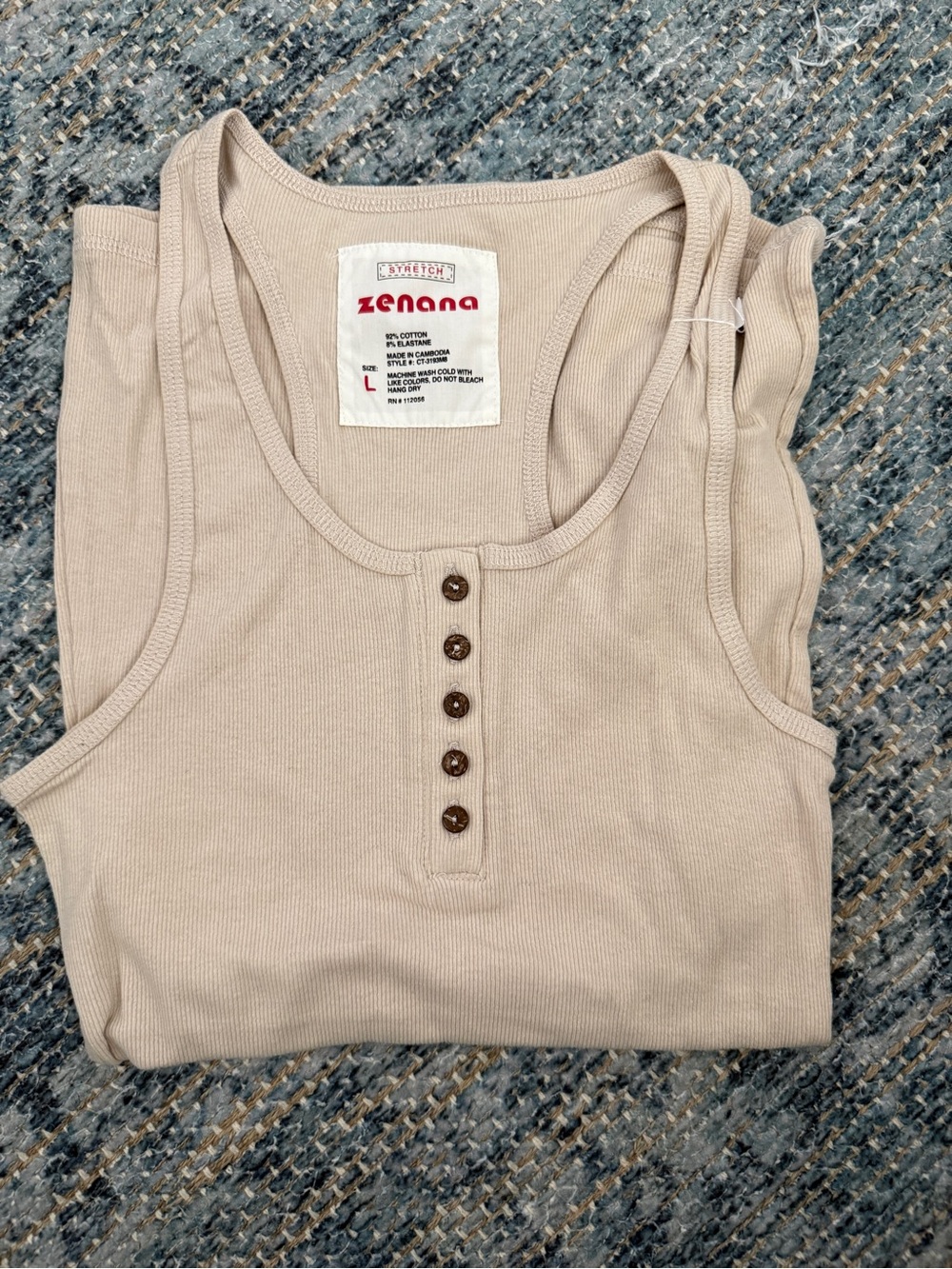 Zenana Outfitters Beige Ribbed Henley Tank Top